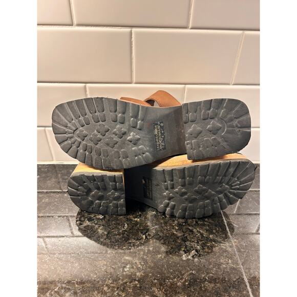 VTG Bongo Chunky Platform Wood Leather Heeled Sandals Y2k Leather 90s Brown SZ 8 - Picture 9 of 11